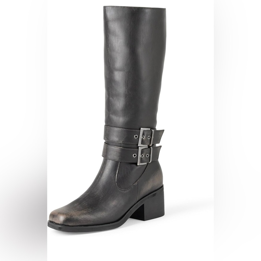 The Drop Women's Sage Tall Biker Boot with Buckles, Distressed Cognac